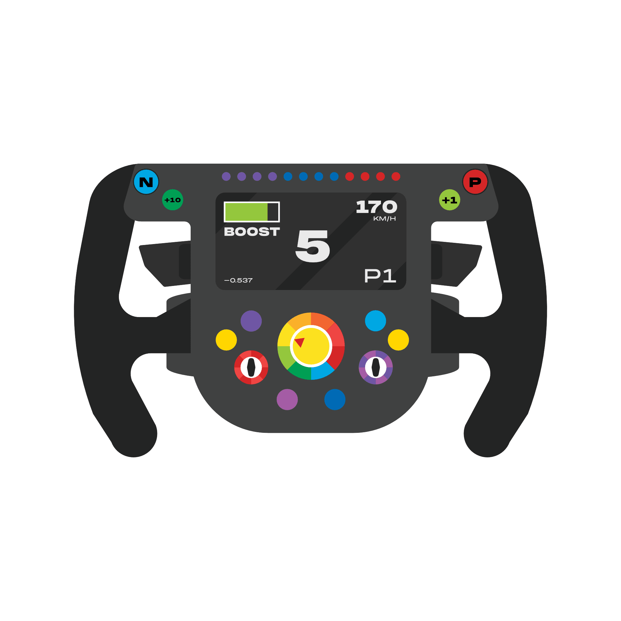 Illustration of a Formula 1 steering wheel with colorful control buttons and a digital race display